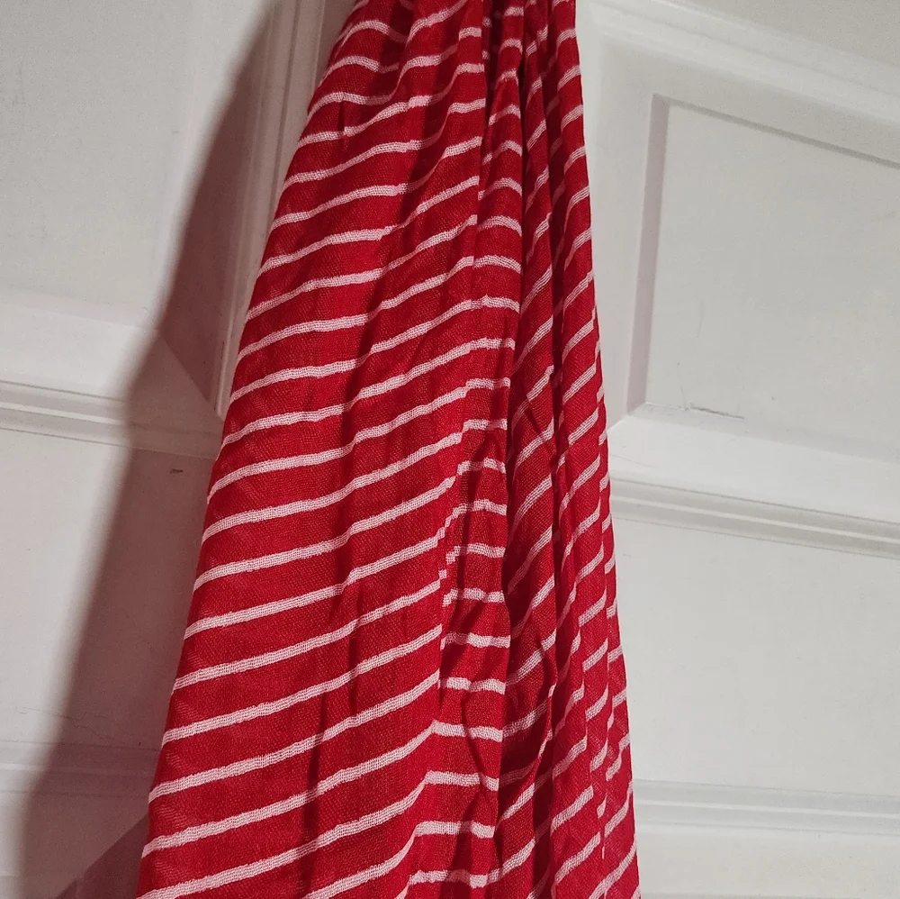 Red White Striped Lightweight Nautical Scarf Pompom Trim